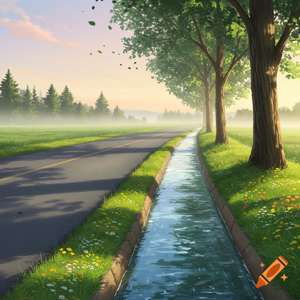 Vibrant illustration of a paved road, a water channel, and trees in a lush, misty landscape at sunrise.