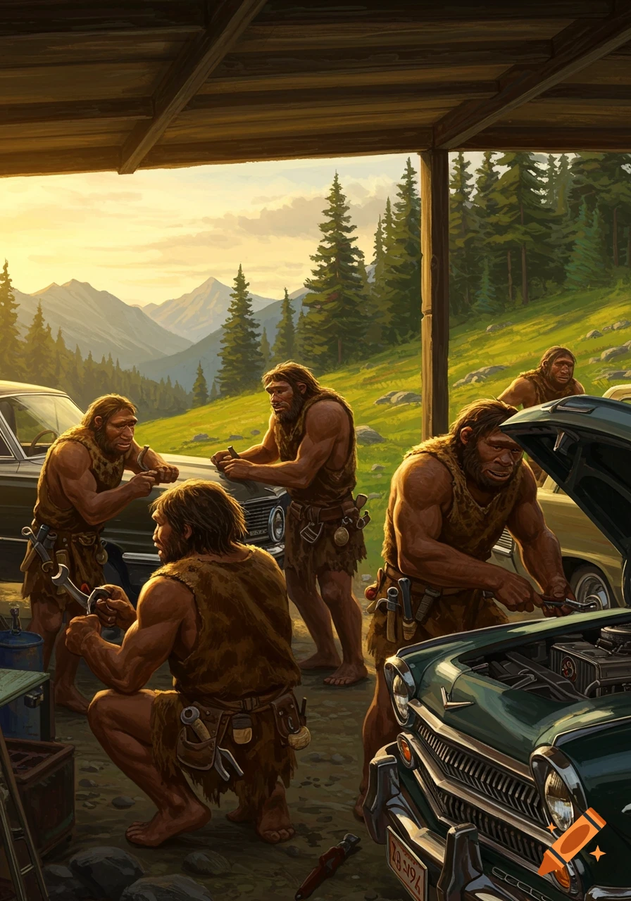 Neanderthal men in fur loincloths repairing classic cars in a rustic garage with a sunset mountain landscape.