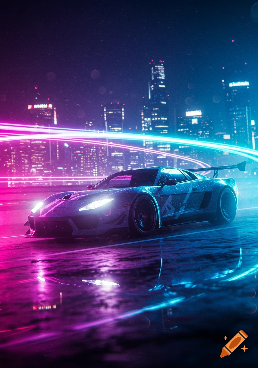A futuristic sports car on a wet city street at night, illuminated by pink and blue neon lights and reflections.