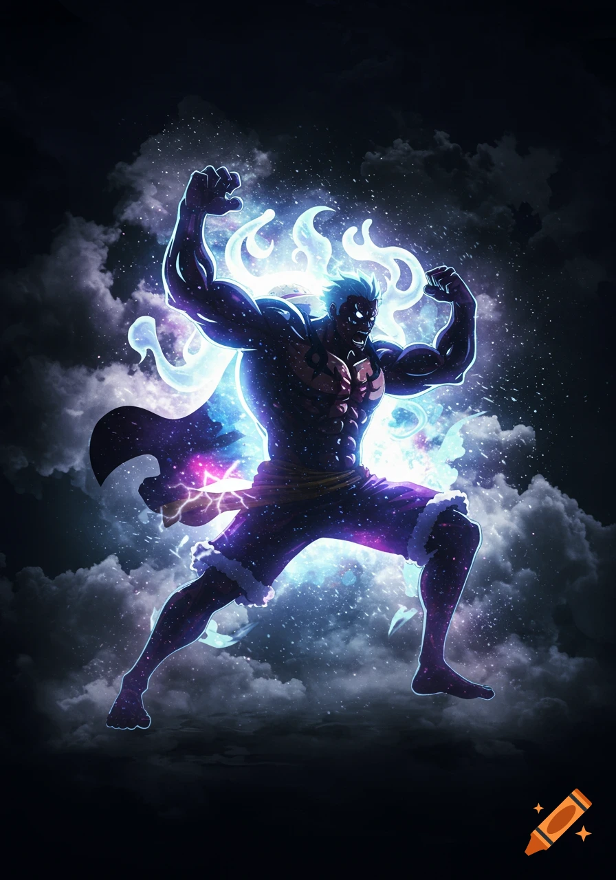 Gear 5 Luffy, with a cosmic body, surrounded by glowing blue energy and dark clouds, in an anime art style.