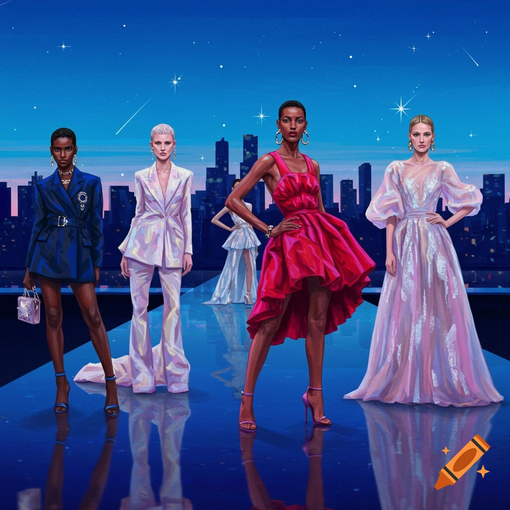 Four diverse models on a reflective runway showcase colorful evening wear against a city skyline and starry night sky.