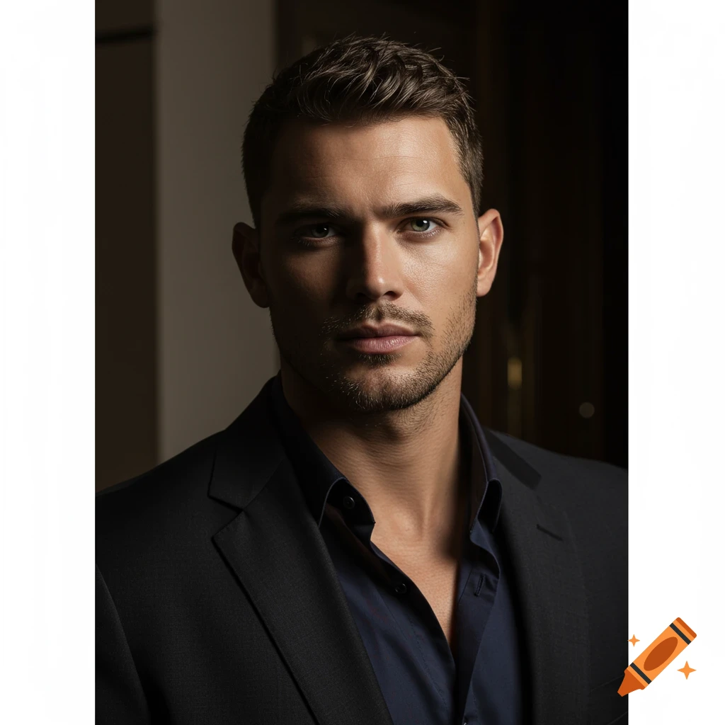Photorealistic portrait of a young man with short hair and stubble, wearing a black suit and blue shirt, looking intensely at the camera.