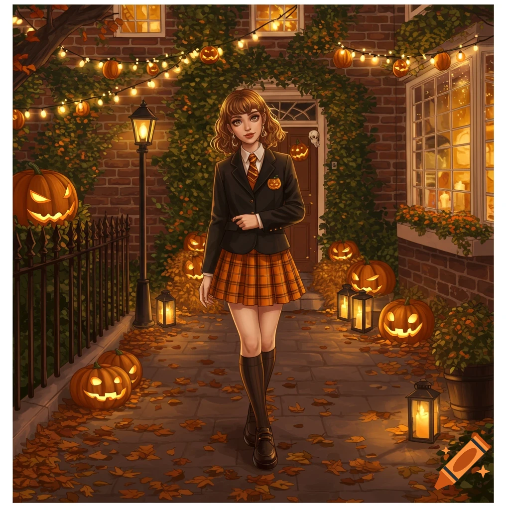 An illustrated young woman in a preppy uniform stands on a leaf-strewn path in front of a brick house adorned with Halloween pumpkins and string lights.