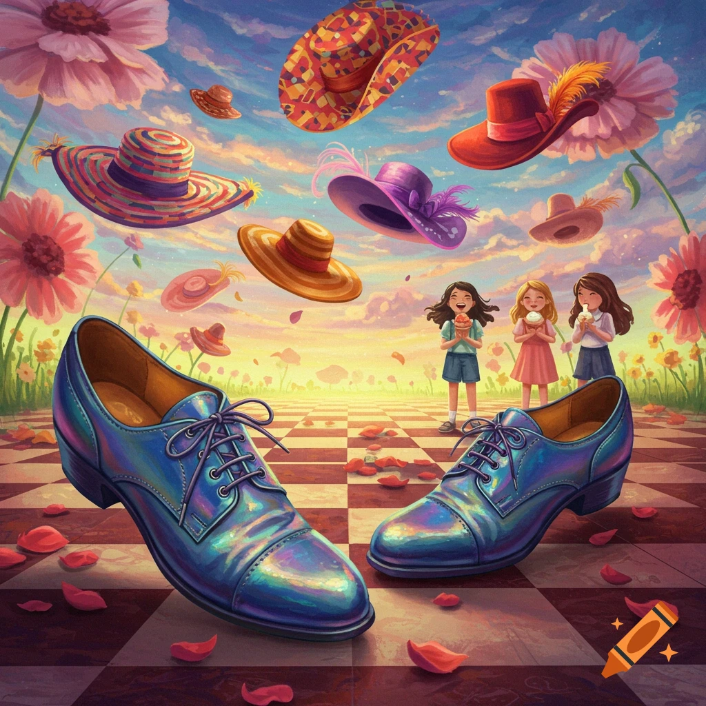 Whimsical illustration of girls, flying hats, and giant iridescent shoes on a checkered floor in a dreamlike floral landscape.