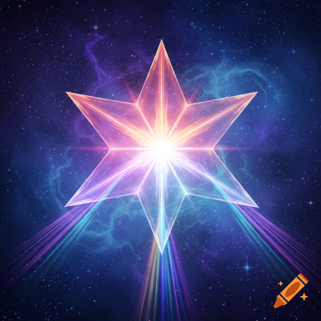 A glowing, faceted six-point star with pink, orange, and purple hues, emanating light rays against a dark starry nebula.