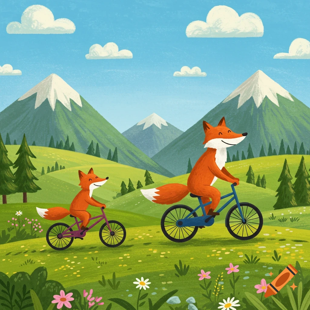 Cute children's illustration of a father fox and young fox riding bicycles through a vibrant, green mountain landscape filled with flowers.