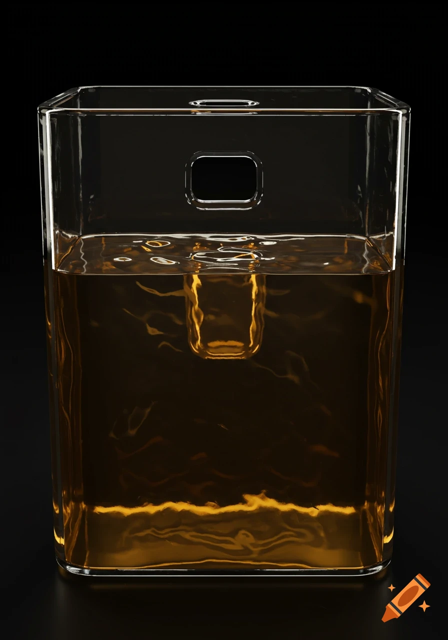 A clear glass rectangular tank filled with golden-brown translucent oil, featuring a small rectangular hole on its top surface, against a black background.
