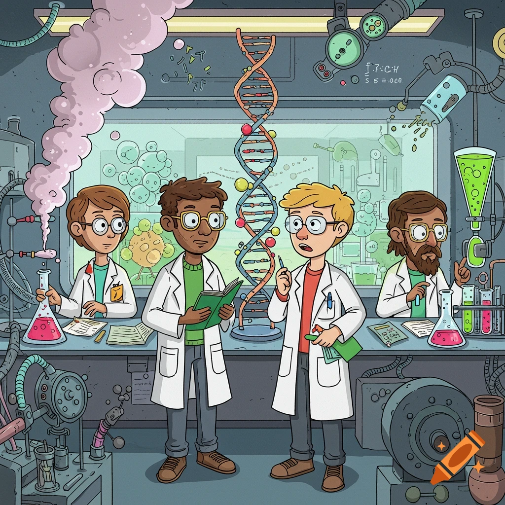 Cartoon of four diverse scientists working in a busy laboratory with a large DNA helix model and various scientific equipment.
