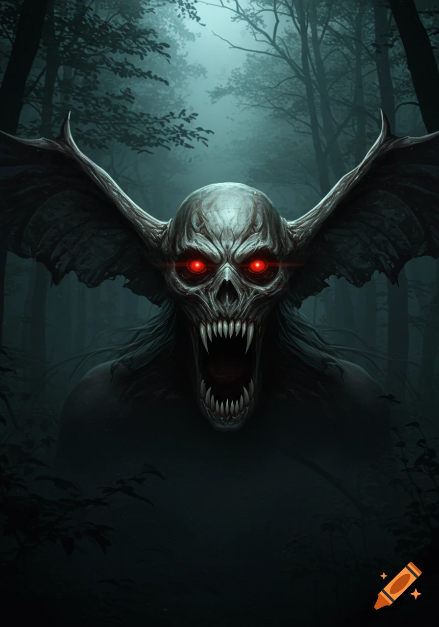 A grotesque monster with glowing red eyes, sharp teeth, stringy hair, and large bat-like wings, emerging from a dark, foggy forest.