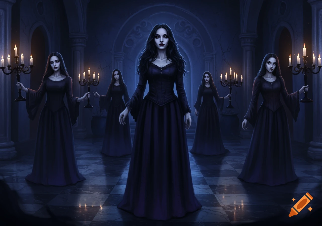 Five pale women in dark gothic dresses hold candelabras in a dark castle hall.
