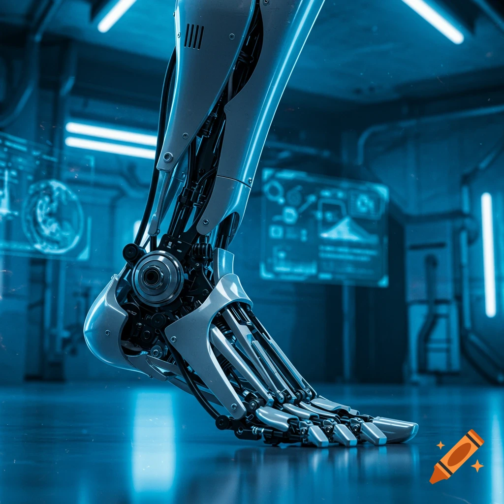 Close-up of a detailed silver and black robot foot with exposed mechanics, set in a blue-lit futuristic environment.