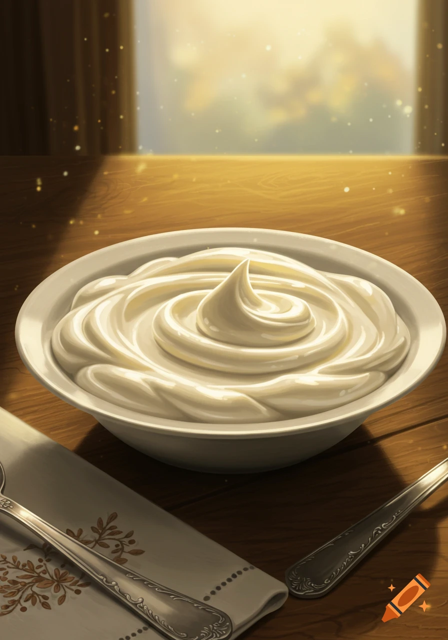 A white bowl of swirled cream on a wooden table with silver spoons and a patterned napkin, bathed in golden light from a window.