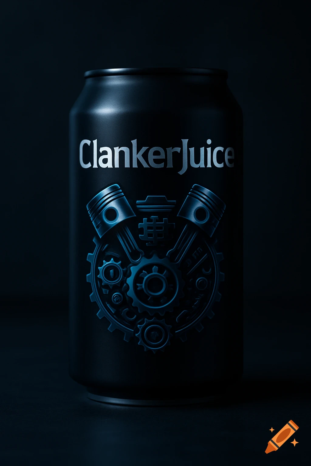 A black can with silver 'ClankerJuice' text and a blue engine logo, against a dark background.