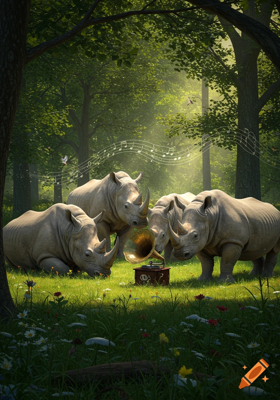 Four rhinos gather around a vintage gramophone, listening to music in a lush, sunlit forest with musical notes floating in the air. Fantasy art style.