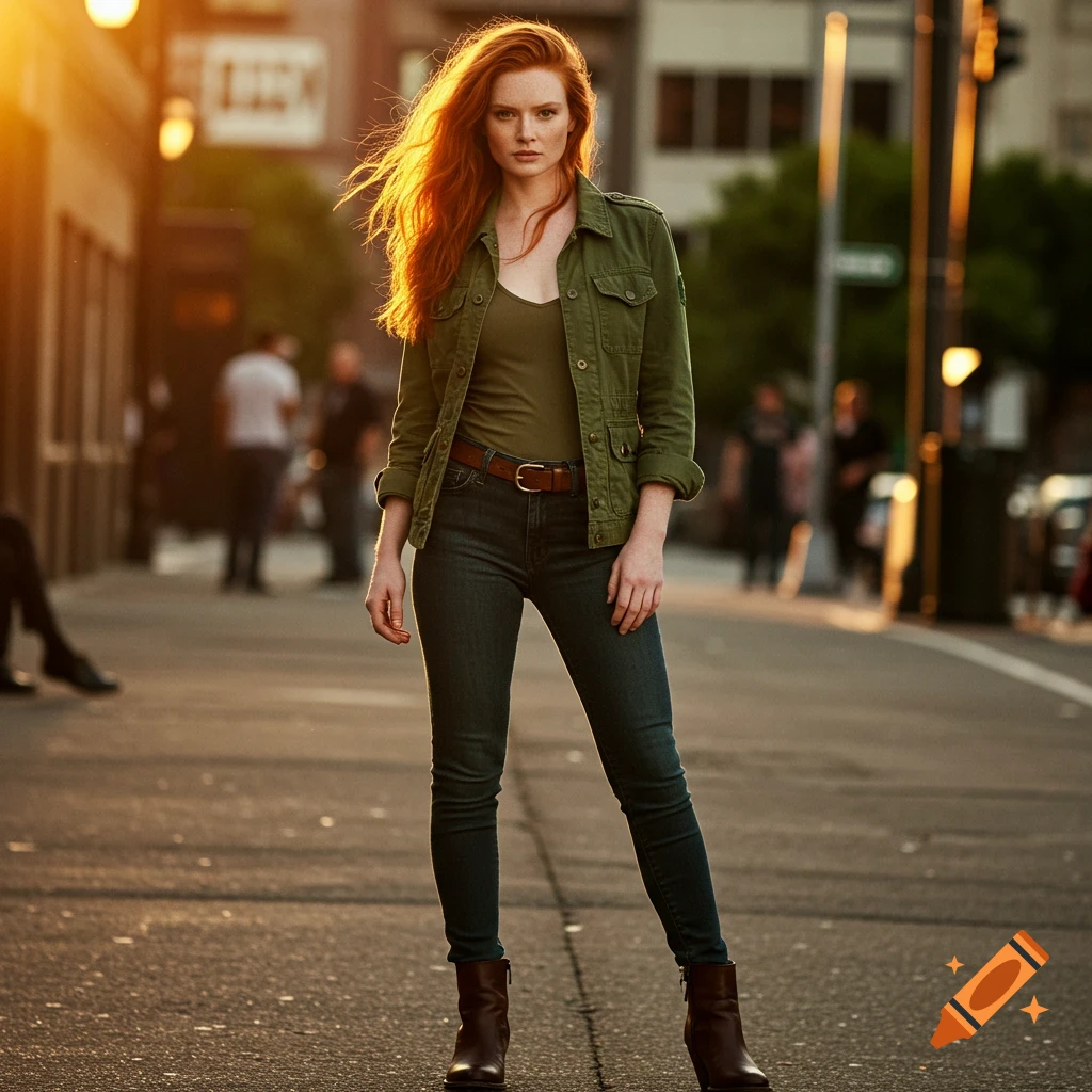 Photorealistic image of a red-haired woman in a green jacket, tight jeans, and brown boots, standing on a sunlit city street.