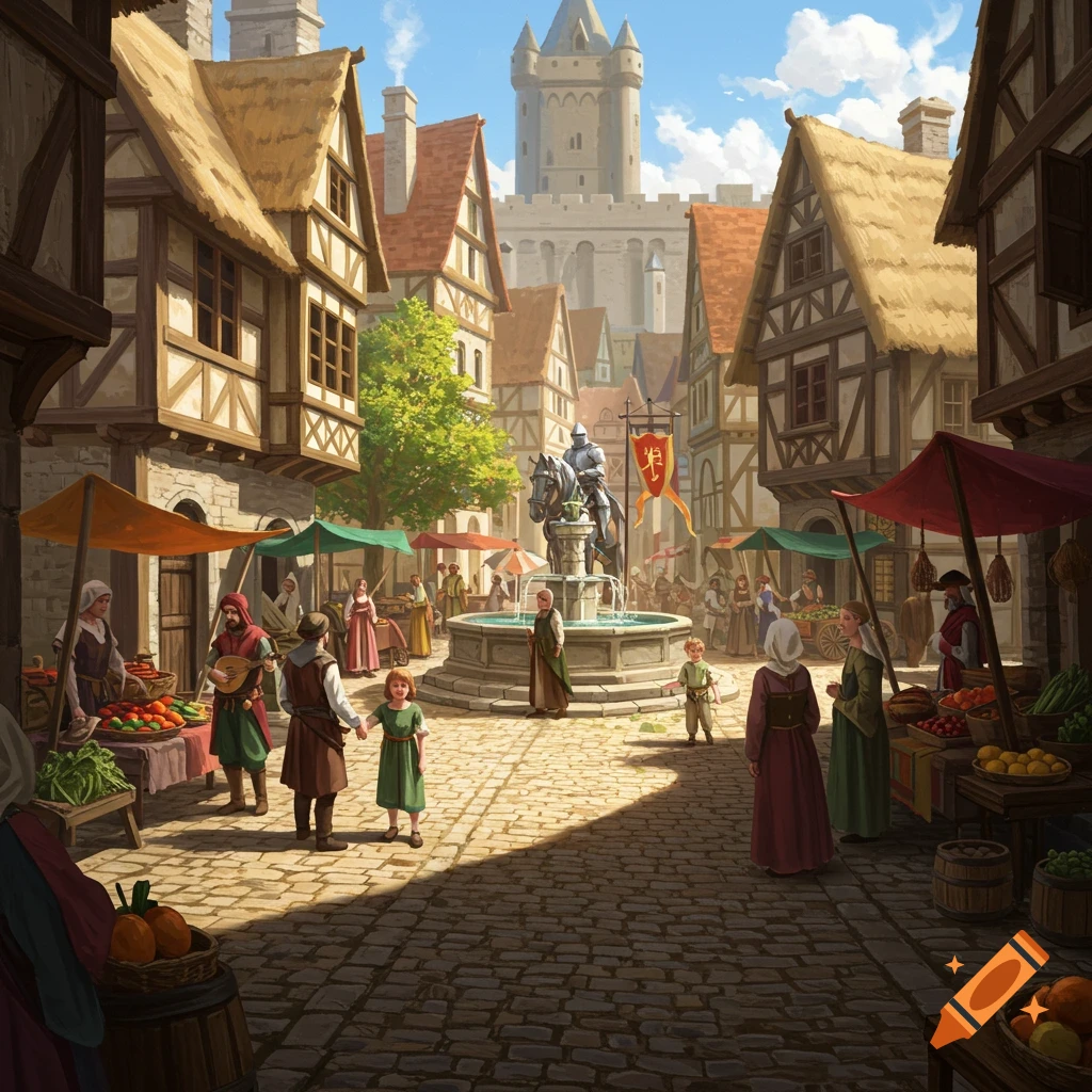 A bustling medieval market square, with people, stalls, timber-framed buildings, a knight statue fountain, and a distant castle.