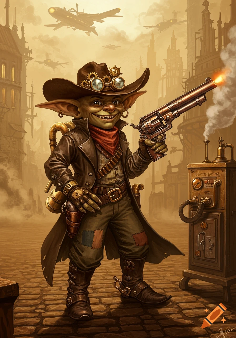 A smiling steampunk goblin cowboy with goggles and a hat, holding a smoking revolver in an industrial city.