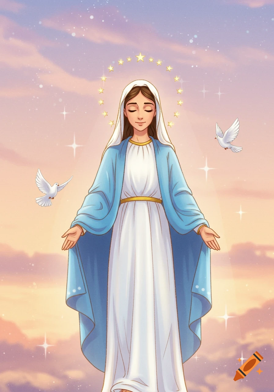 Animated illustration of the Virgin Mary with a star halo, closed eyes, and open arms, with doves in a pastel sky.