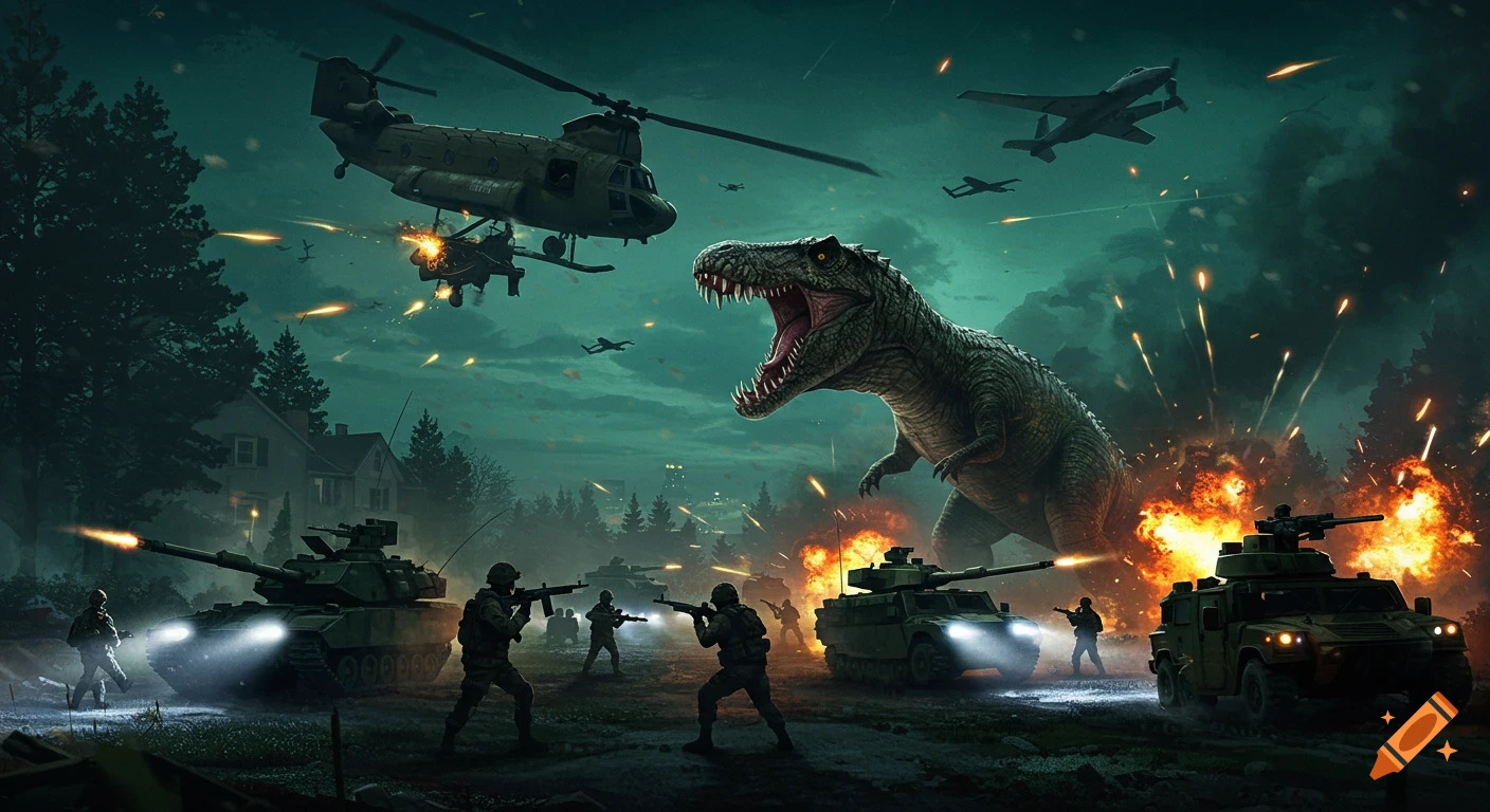 A T-Rex battles an army of soldiers, tanks, and helicopters in a fiery night battle in a suburban area.