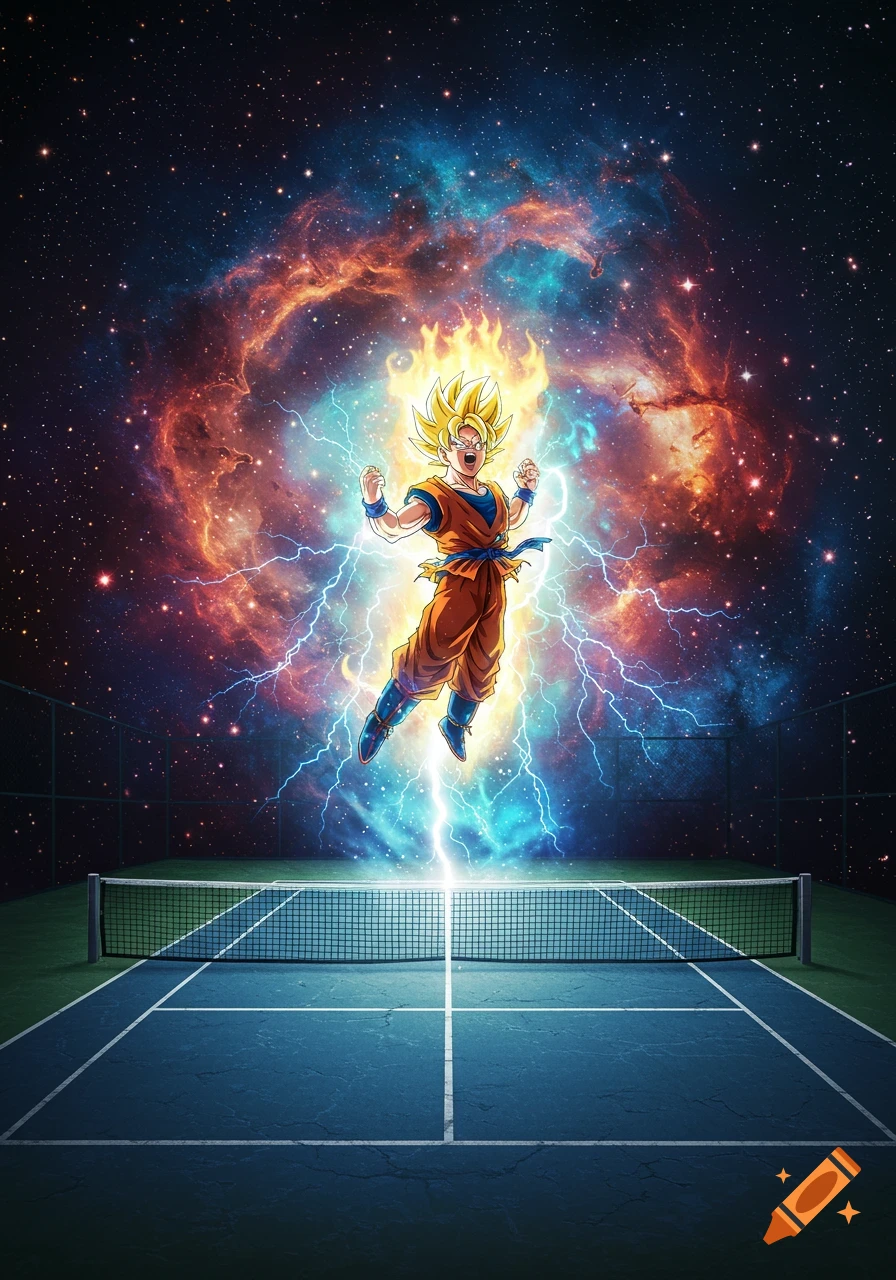 Super Saiyan Goku floats above a tennis court in space, surrounded by a fiery aura and blue lightning against a colorful nebula.