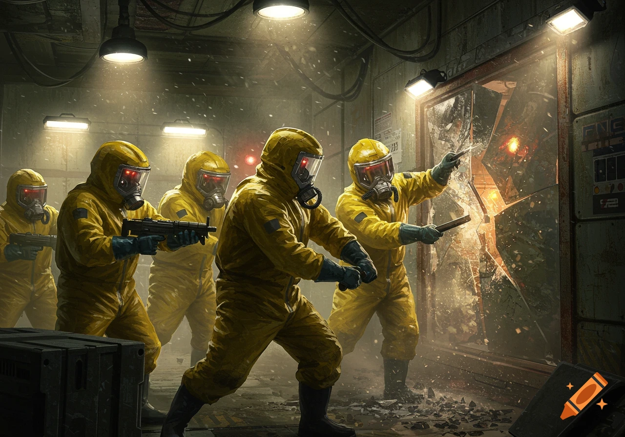 Four men in yellow hazmat suits and gas masks breach a door in a dark, gritty industrial facility. Two men carry weapons, while one uses a tool to pry open the broken door.