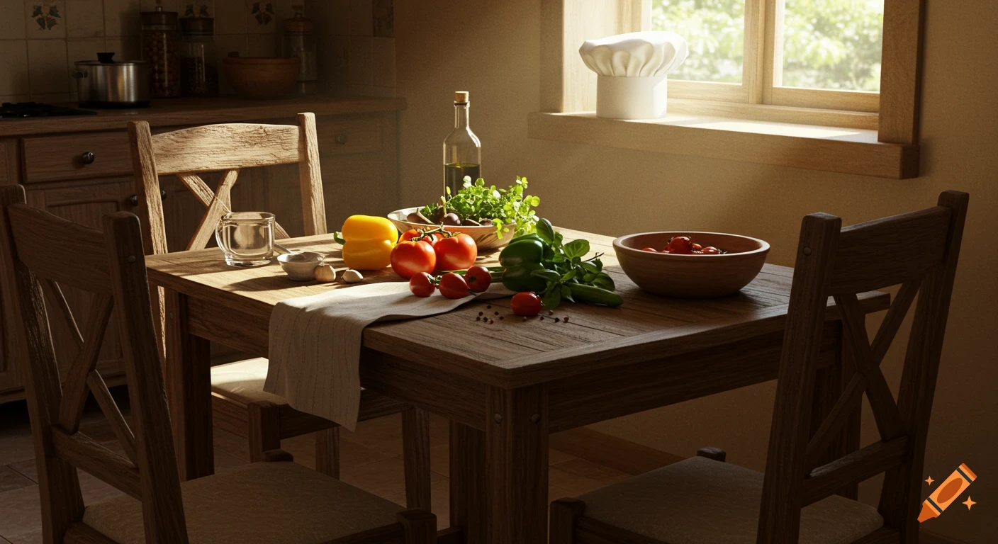 A rustic kitchen table with fresh vegetables, herbs, and olive oil, bathed in warm natural light, with a chef's hat on the windowsill.