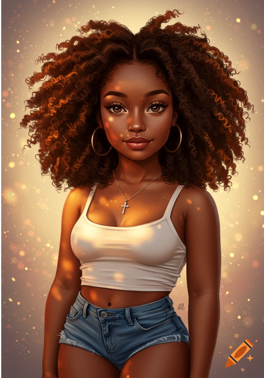 Digital art portrait of a young African American woman with long curly hair, white tank top, denim shorts, and a silver cross necklace.
