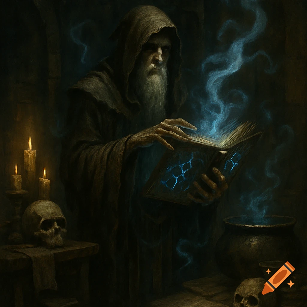 An old, hooded necromancer with a long white beard reads a glowing magic book, surrounded by candles, skulls, and a cauldron in a dark, mystical setting.