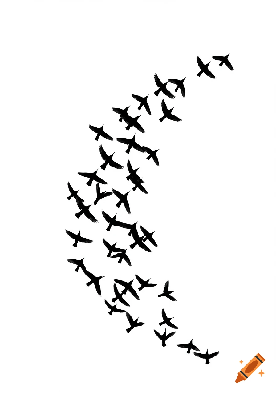 Black silhouettes of a flock of birds flying in an S-shaped pattern against a white background.