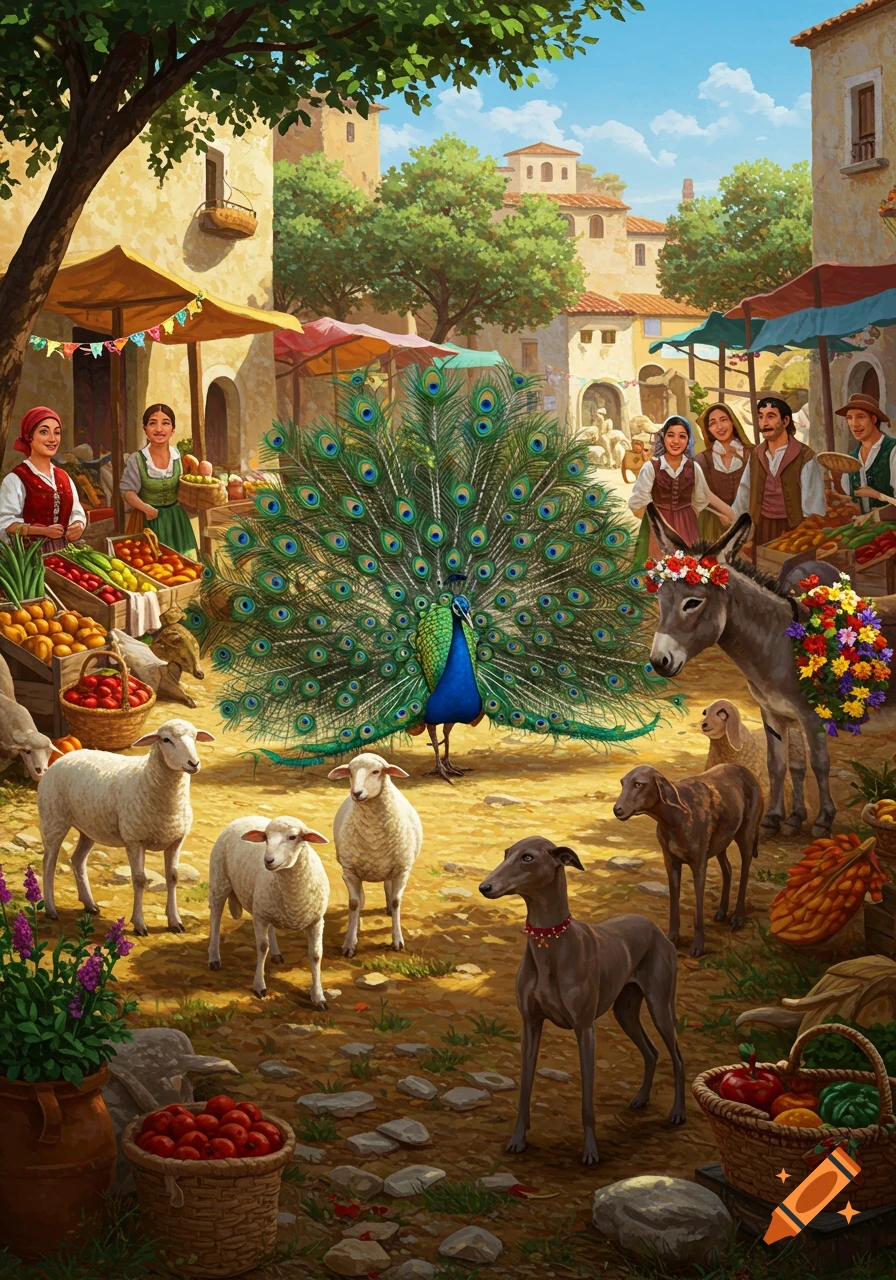 Colorful illustration of a bustling village market with people, a peacock, sheep, dogs, and a donkey in a sunny square.