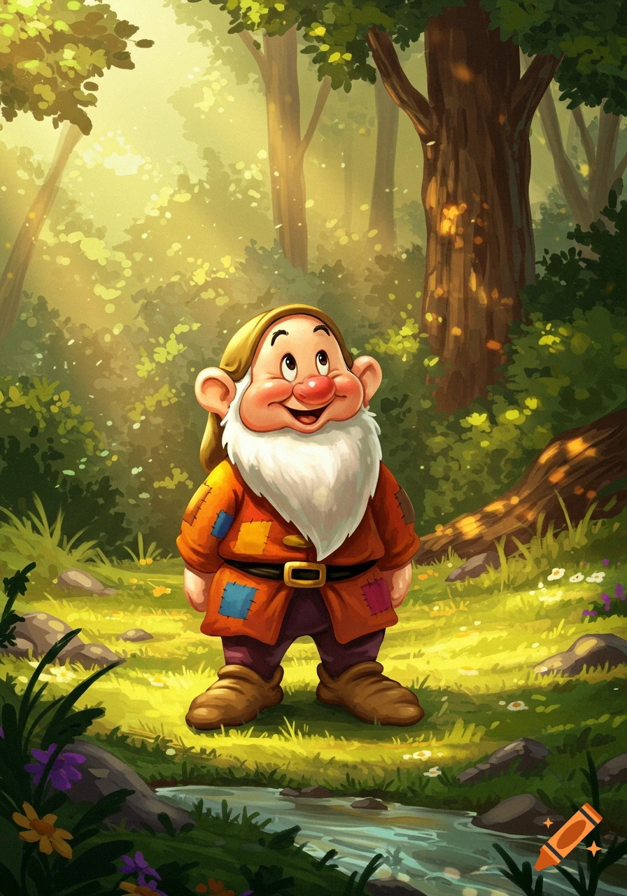 A cheerful cartoon dwarf with a long white beard and a patched tunic stands smiling in a sunlit forest next to a stream.
