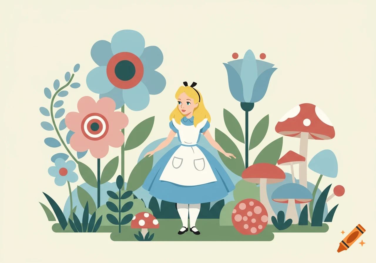 A stylized illustration of Alice in Wonderland in a blue dress, standing amidst large pastel flowers and colorful mushrooms.