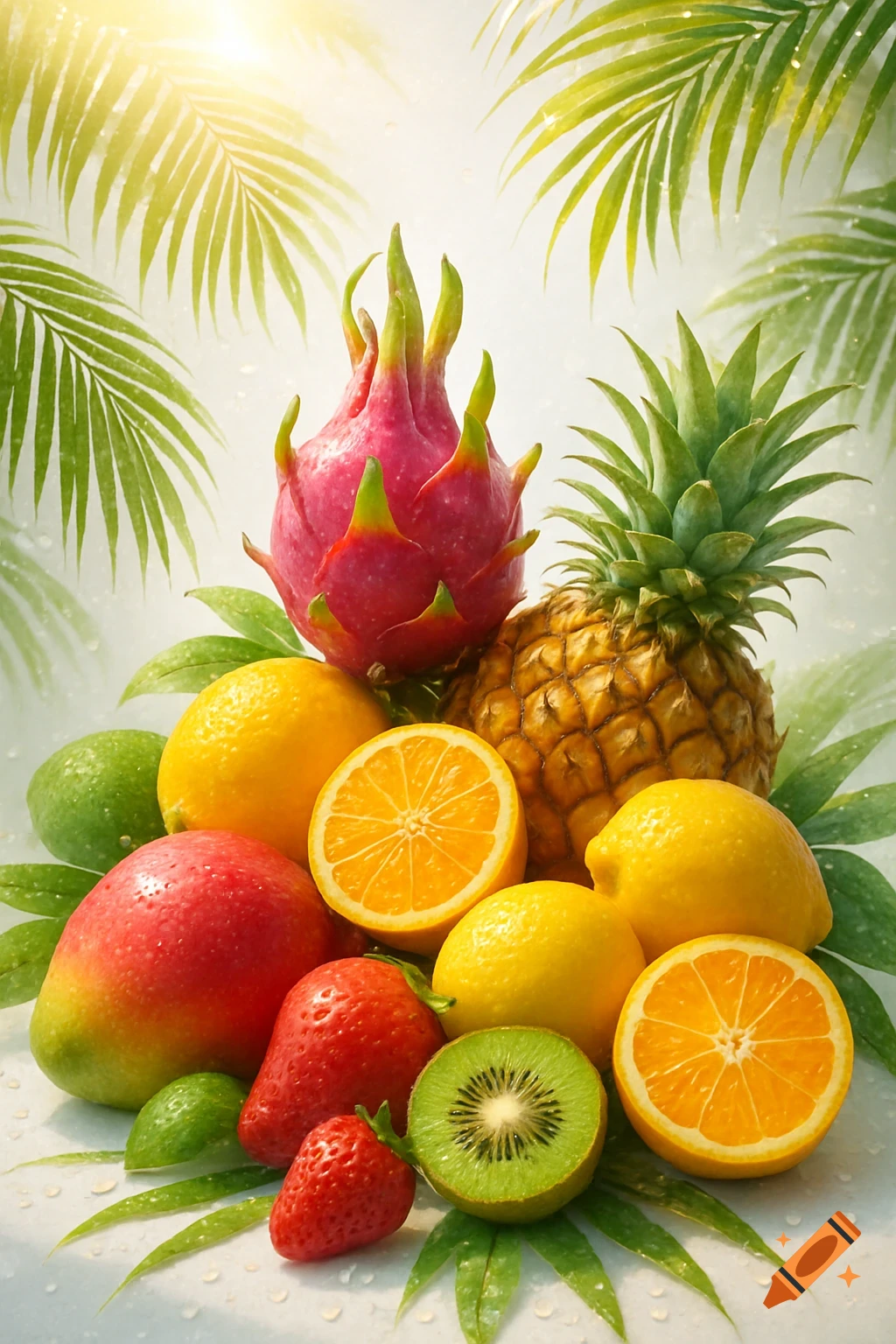 A vibrant still life of tropical fruits including dragon fruit, pineapple, mango, lemons, oranges, strawberries, and kiwi, under sunlit palm leaves.