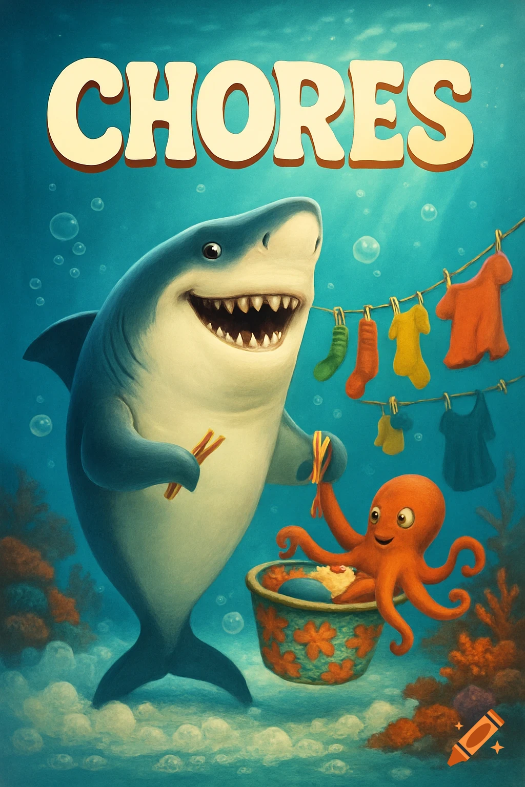 A cartoon shark and octopus do laundry underwater, with the title "CHORES" above.