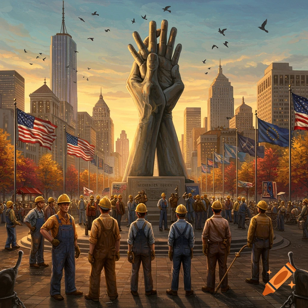A large monument of clasped hands stands in a city square, surrounded by American flags and diverse workers in hard hats. Sunset glow.