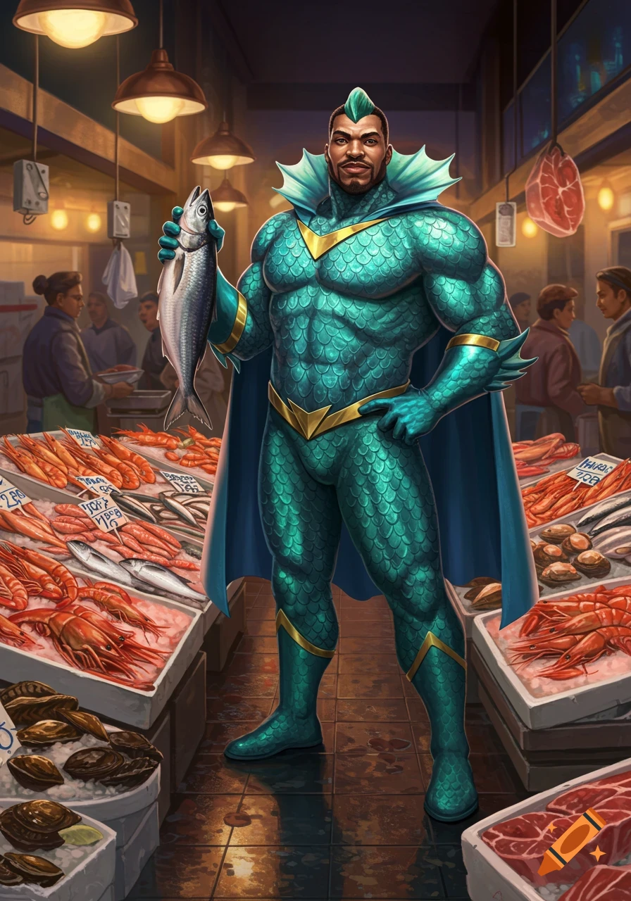 A muscular Black superhero in a teal scaly costume and cape holds a fish in a bustling fish market.