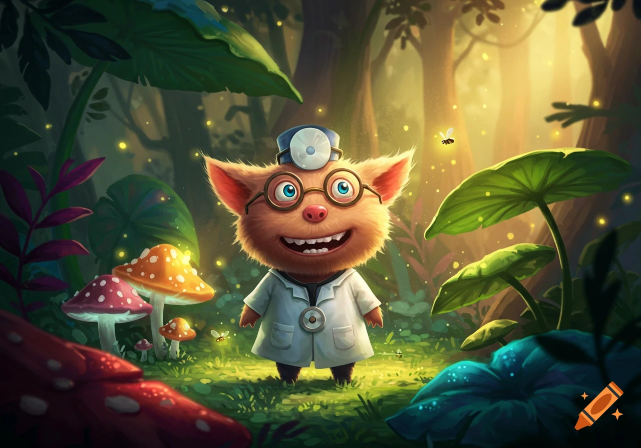 A fluffy, cartoon creature in a doctor's coat and head mirror stands in a magical forest with glowing fireflies and mushrooms.