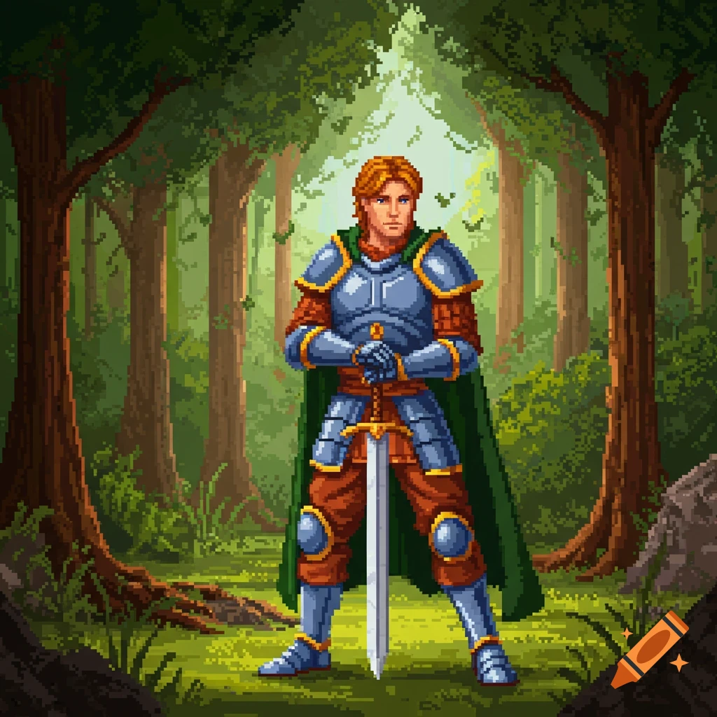 Pixel art depiction of a knight with red hair and a green cape, standing with a sword in a sunlit forest.
