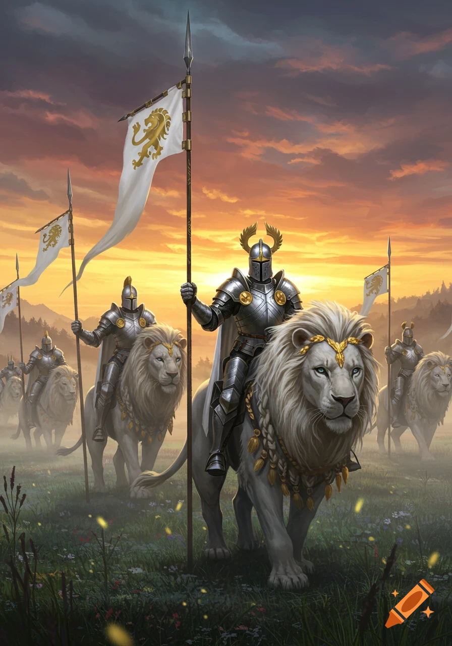 Armored knights ride majestic white lions with braided manes, carrying lion-sigil banners through a misty landscape at sunset. Fantasy art.