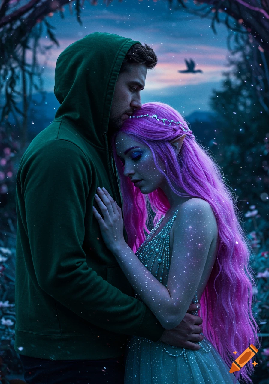A man in a green hoodie embraces a woman with long pink hair, elf ears, and a glowing, starry dress in a magical, twilight forest.