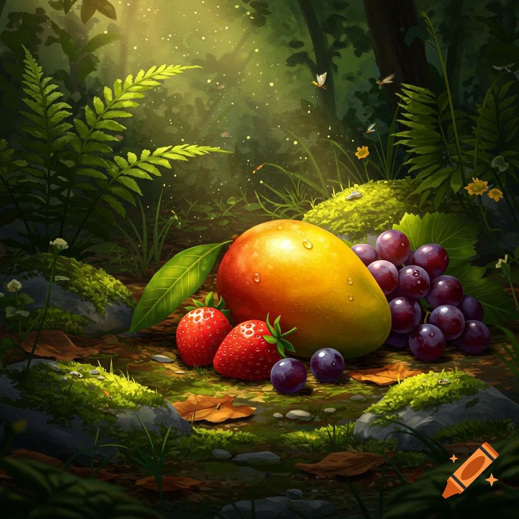 A vibrant illustration of a mango, strawberries, and grapes on a mossy forest floor bathed in dappled sunlight.