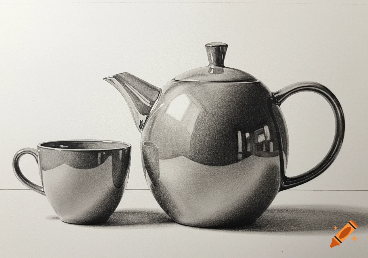 Hyperrealistic pencil drawing of an elegant teapot and a matching teacup.