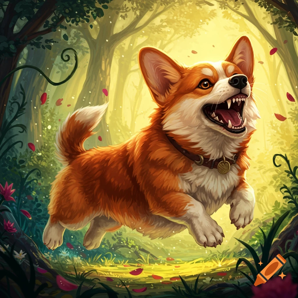 A playful, fierce-looking corgi dog with sharp teeth jumps through a vibrant, sunlit fantasy forest filled with red leaves.
