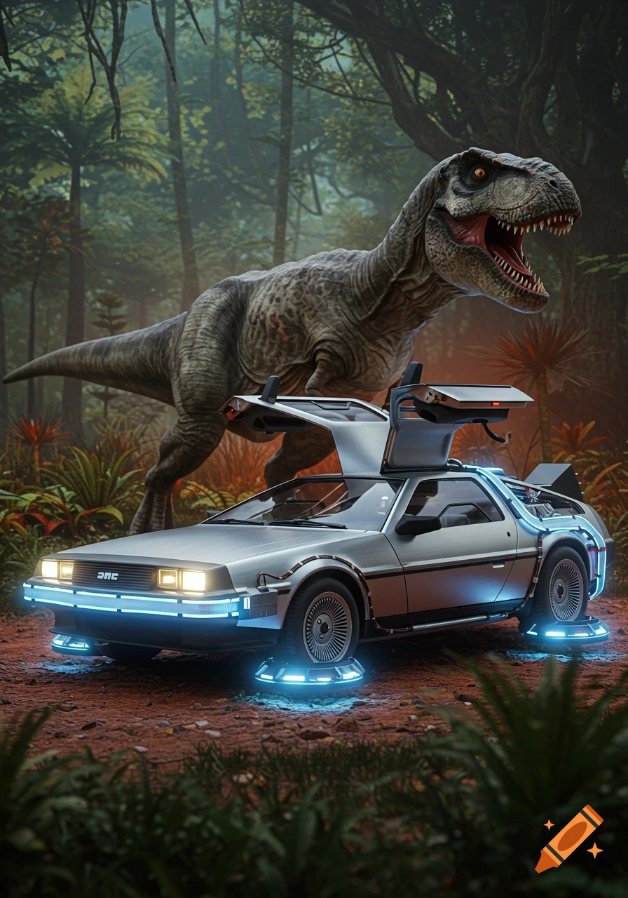 A silver DeLorean hover car with open doors in a lush jungle, with a large Tyrannosaurus Rex roaring behind it in a photorealistic style.