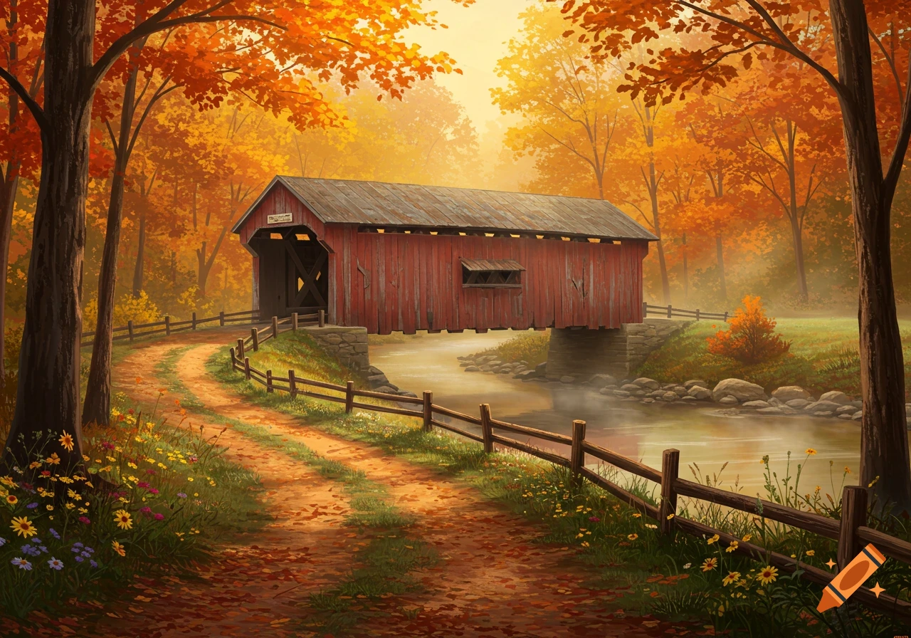 A vibrant autumn landscape features a red covered bridge spanning a misty river, surrounded by trees with orange leaves.