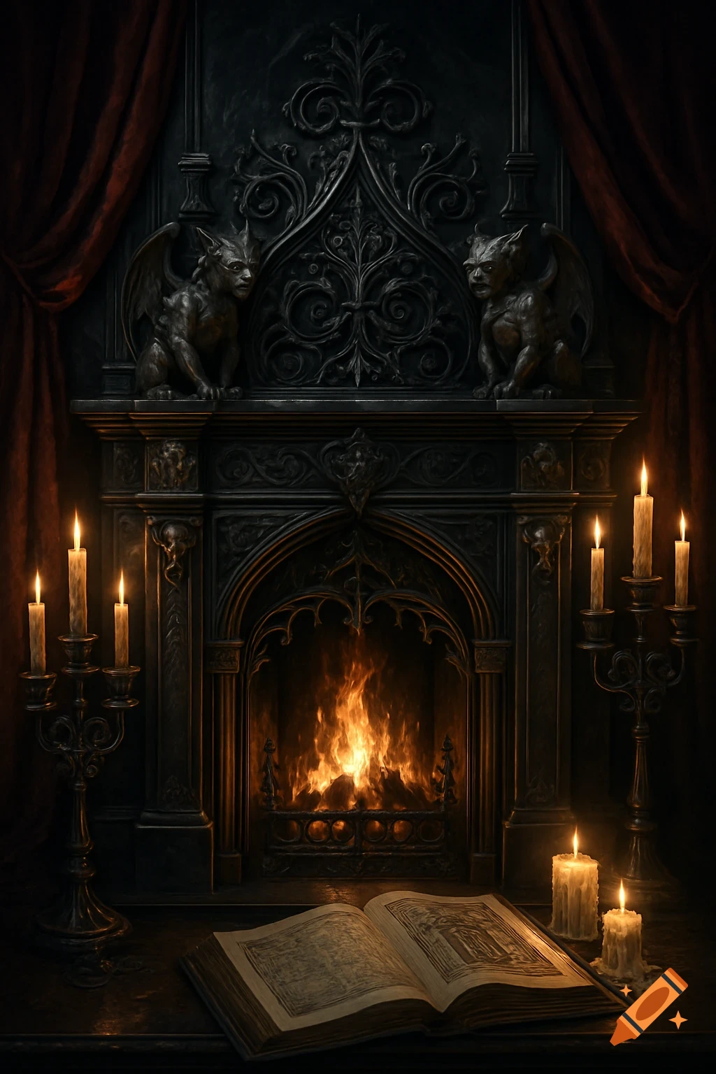 A dark, elegant gothic fireplace with two gargoyles, a roaring fire, candles, and an open book on a table. Realistic style.