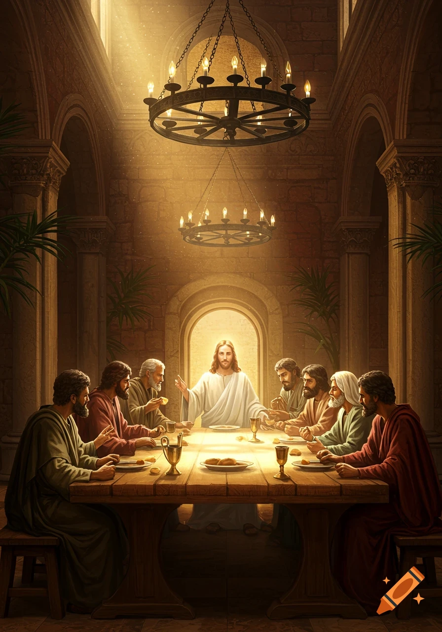 Jesus and his disciples at a long wooden table in a dimly lit, grand room, bathed in golden light.