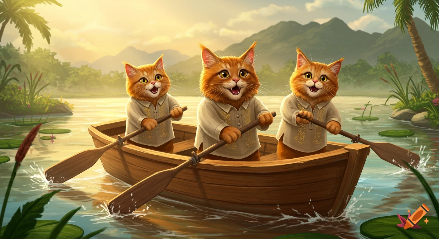 Three orange cats in barongs rowing a wooden boat on a sunlit lake with a tropical background.