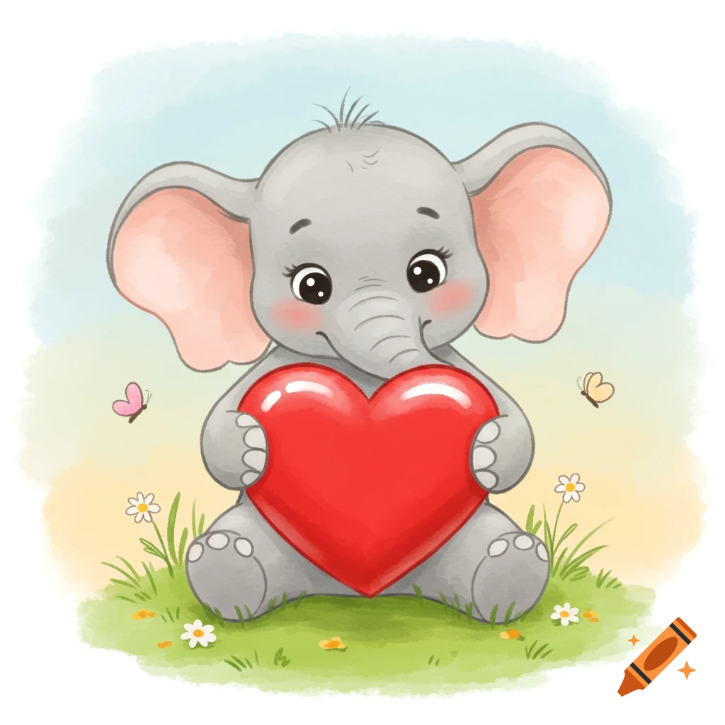 A cute cartoon baby elephant sitting in grass, holding a red heart, with butterflies and flowers.