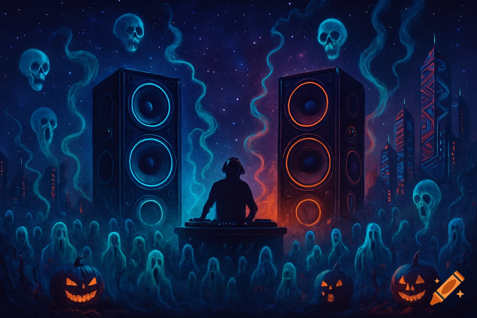 A silhouetted DJ plays to an audience of glowing blue ghosts and jack-o'-lanterns, flanked by large speakers under a starry night sky with floating skulls.